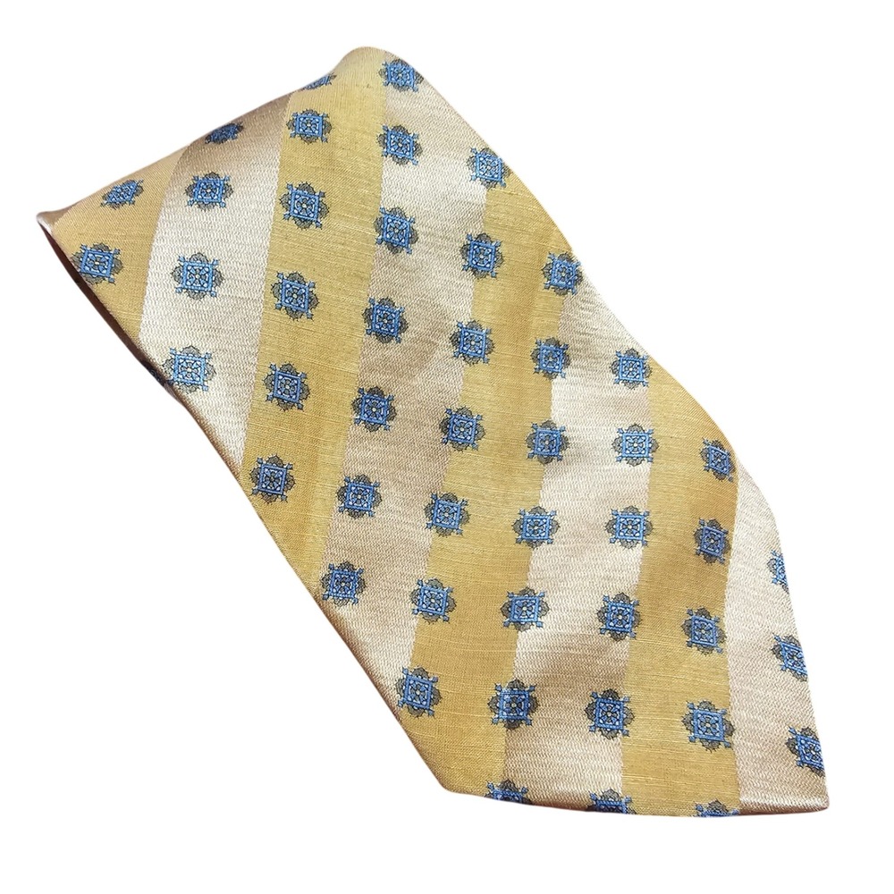 Ermenegildo Zegna Silk Linen Tie Gold Blue Medallion Striped Italian Designer